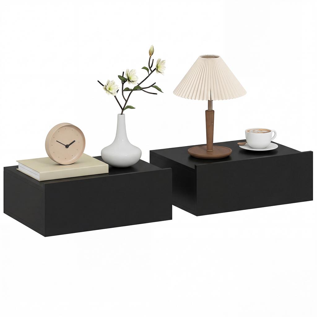 Set of 2 Wall-Mounted Floating Nightstands, 1 Drawer, 40x30x15 cm, Black