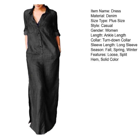 Осень-весна женское платье однотонное свободное джинсовое платье с отложным воротником с длинным рукавом до щиколотки и пуговицами с разрезом подол плюс размер богемное повседневное платье макси