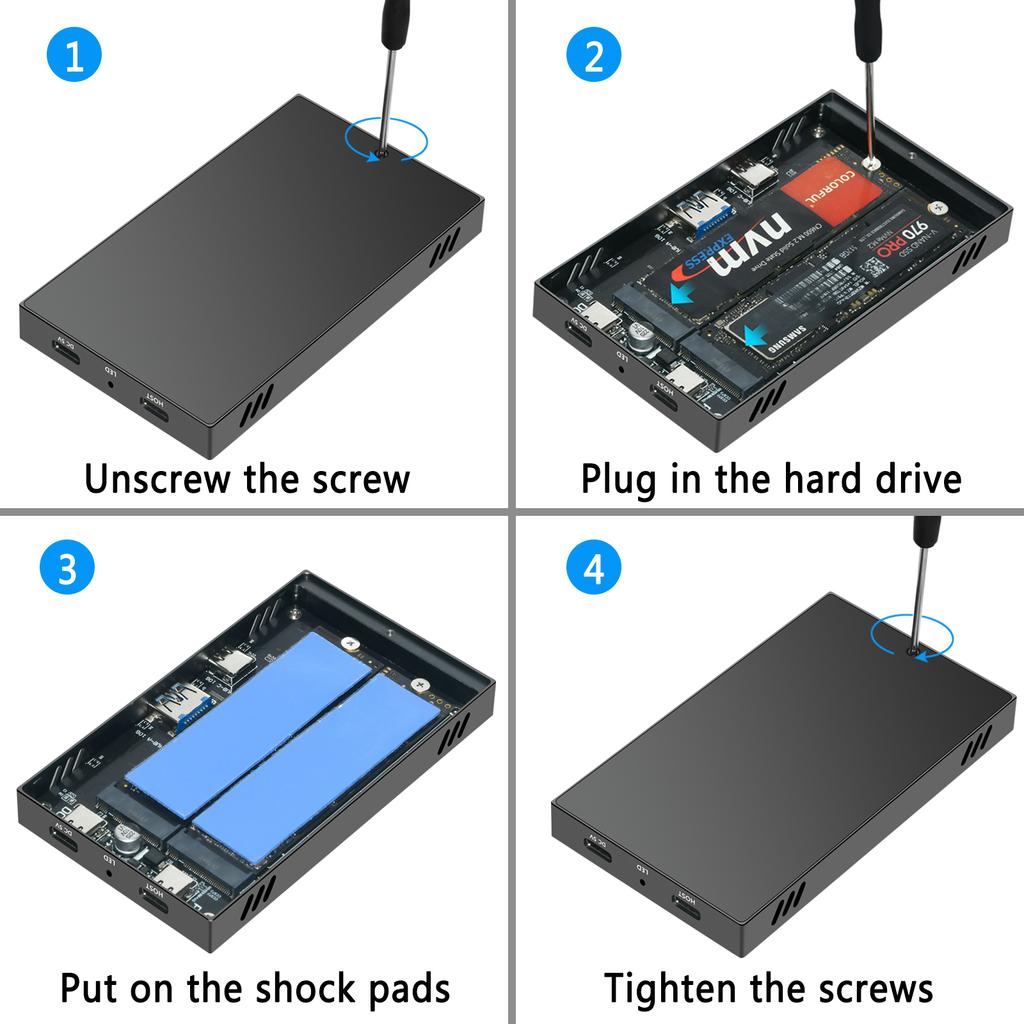 Док-станция для M.2 SSD USB3.2 Gen2 10 Гбит/с Корпус из алюминиевого сплава Двойной NVMe Plug and Play для PCIe M Key 2230 2242 2260 2280