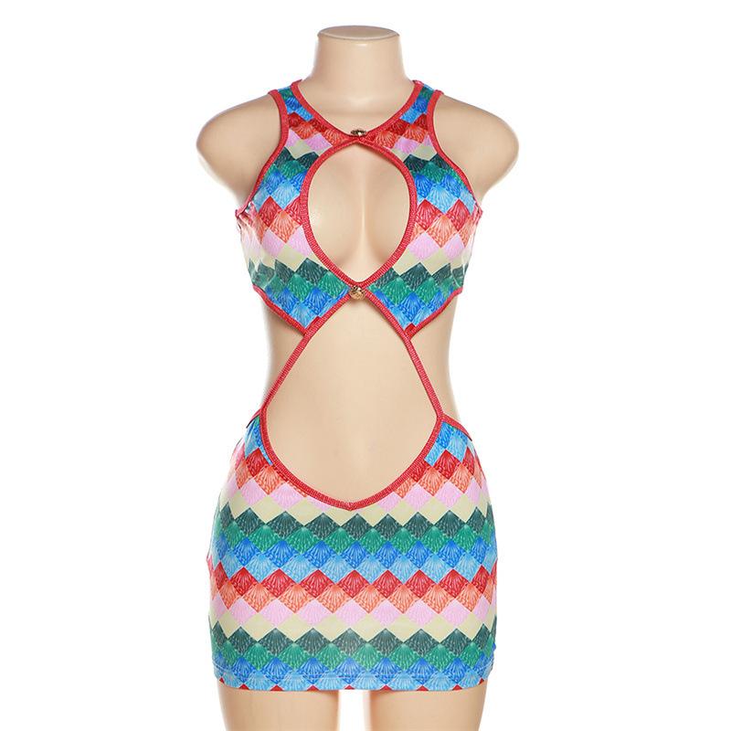 Women Fashion Casual Sleeveless Round Neck Mini Dress Multi-Color Abstract Print Hollow Out Casual Dress