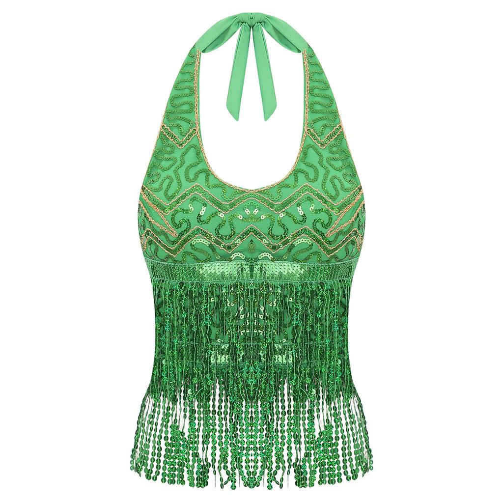 Womens Sleeveless Halter Top Sequins Tassel Fringe Crop Bra Dance Wear