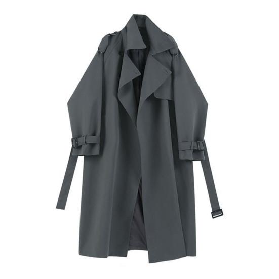 Женская ветровка с отложным воротником, свободное однотонное пальто с длинными рукавами, декорированное поясом, пальто средней длины с карманами, ветрозащитная женская куртка