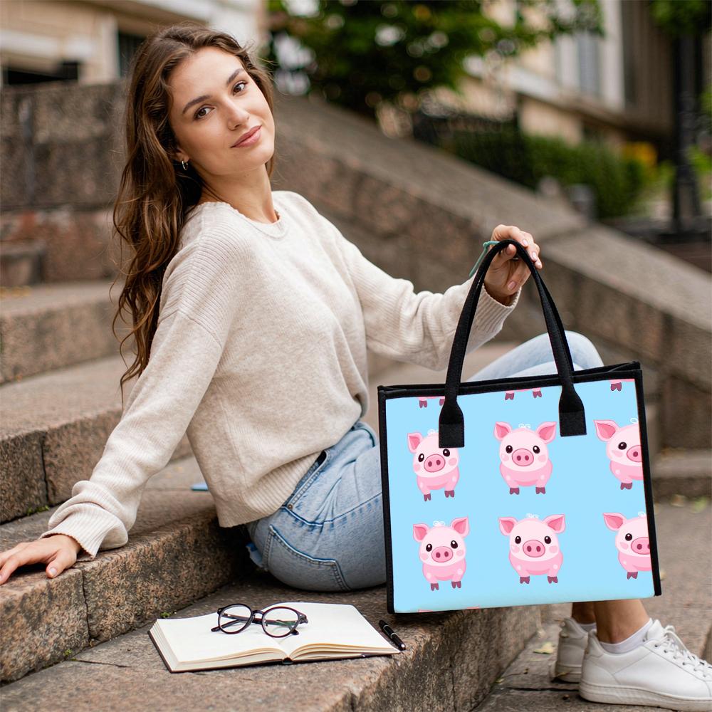 Cute Cartoon Pig Printed Tote Bag Casual Daily Use Handbag Fashion Portable Shopping Shoulder Bag