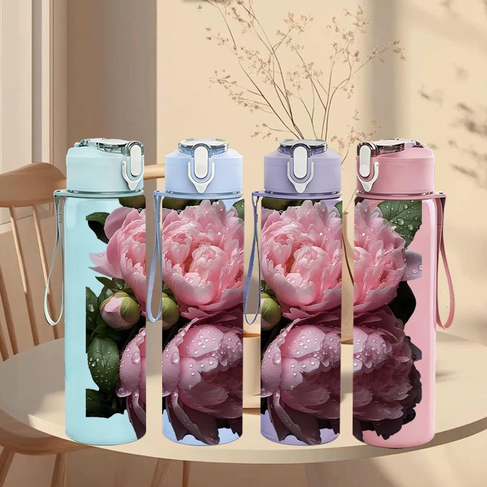 1PC Light Pink Peony Flower Bloom Print 750ml Color Plastic Sports Water Bottle Leakproof Flip Straw Lid Suitable for Sports Office Home Use
