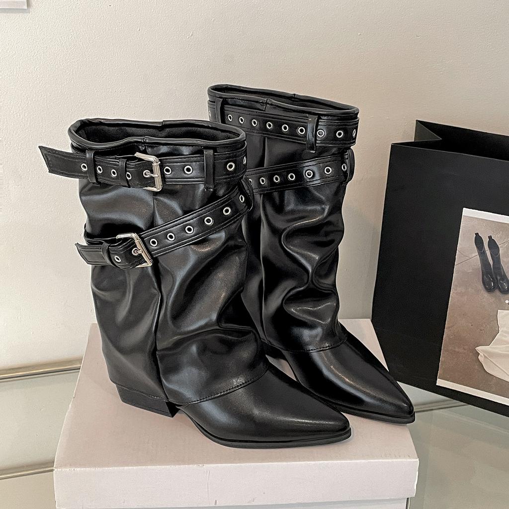 Белые ботильоны на толстом высоком каблуке с острым носком в британском стиле женские 2025 новая осень с юбкой увеличивающие рост и стройнящие сапоги-трубы