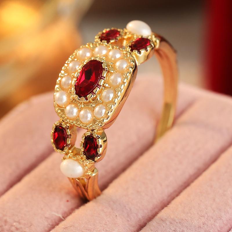 Vintage Inlaid Imitation Pearl Red CZ Women's Ring Ethnic Gold Color Geometry Daily Wear Party Jewelry Anniversary Gift