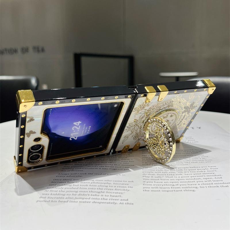 New Japanese and Korean Models Suitable for ZFLIP6 Samsung Laser Phone Case Aurora Butterfly Stand Rhinestone Flip5 Folding Shell