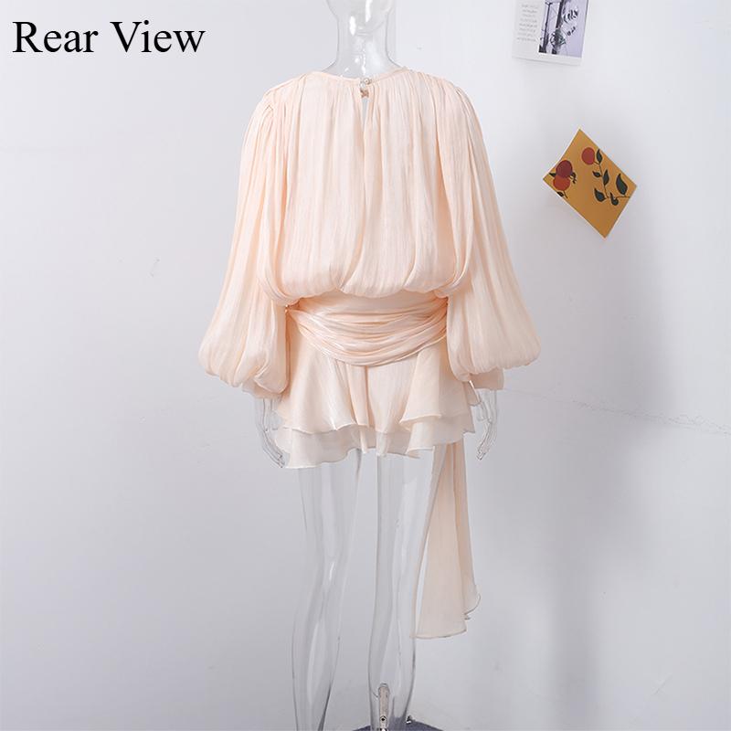 Элегантное женское платье на шнуровке, рукав-фонарик, V-образный вырез, свободное, мини, женские платья, однотонное, блестящее платье для леди