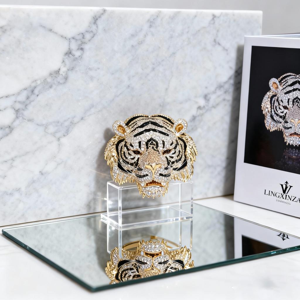 Luxury Gold Plated Copper Tiger Head Brooch, Full Paved CZ Crystal Animal Pin for Men Women Suit Accessory