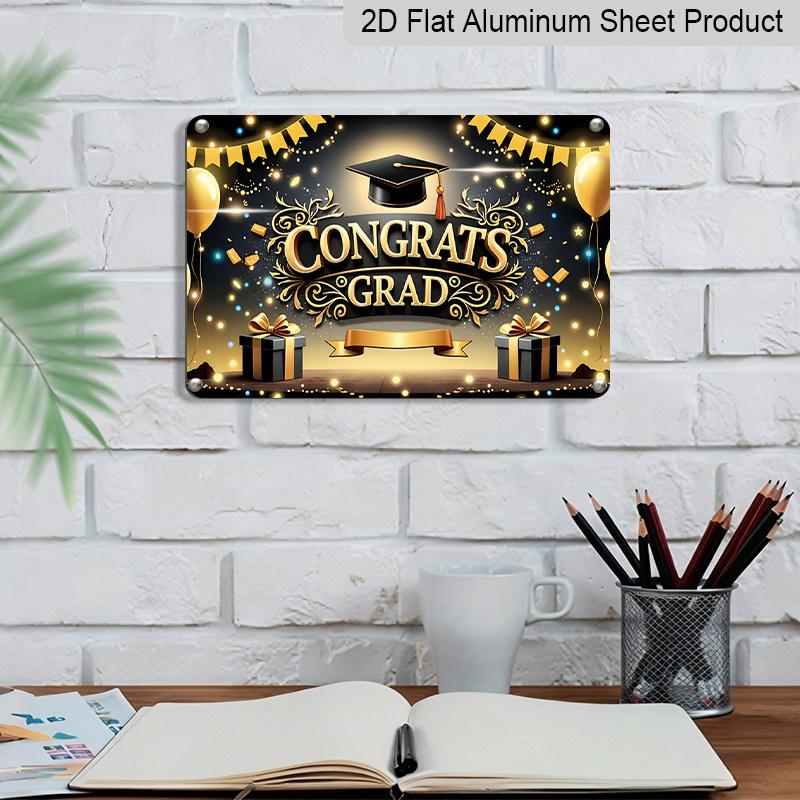 2D Flat, 1pc "Congrats Grad" Graduation Plaque - Black & Gold Graduation Decor Sign with Cap & Balloons, Black & Gold - Aluminium Wall Hanging