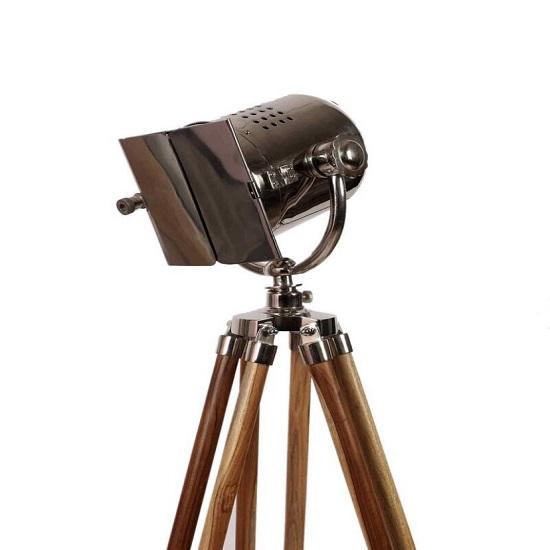 Silver Aluminum and Steel Shade Tripod Floor Lamp with Brown Rosewood Tripod, Wooden Tripod Floor Lamp for Home and Office