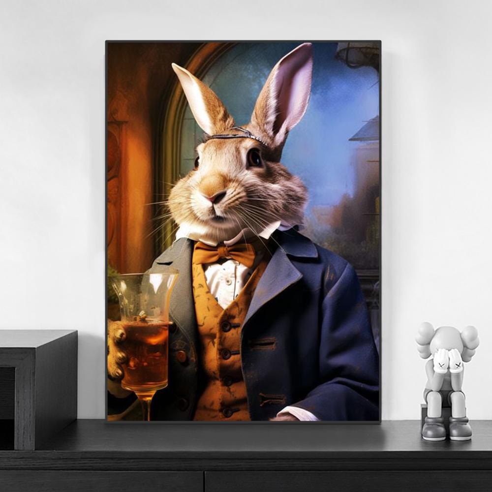 Animal Suit Gentleman Drinking Poster Gorilla Lion Rabbit Beer Pictures Funny Bar Wall Art Canvas Painting Home Decorative