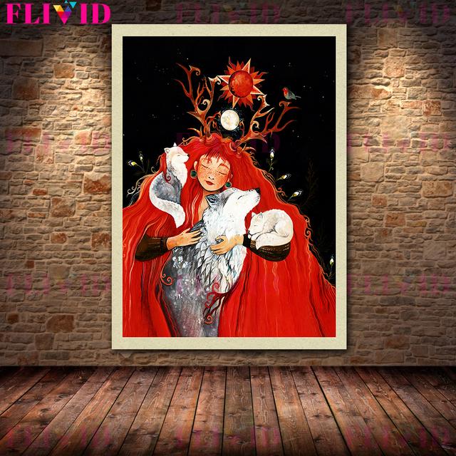 Лесная хранительница ведьма и богиня природы Ретро Фреска Картина маслом Шаман Плакат декоративно-прикладного искусства