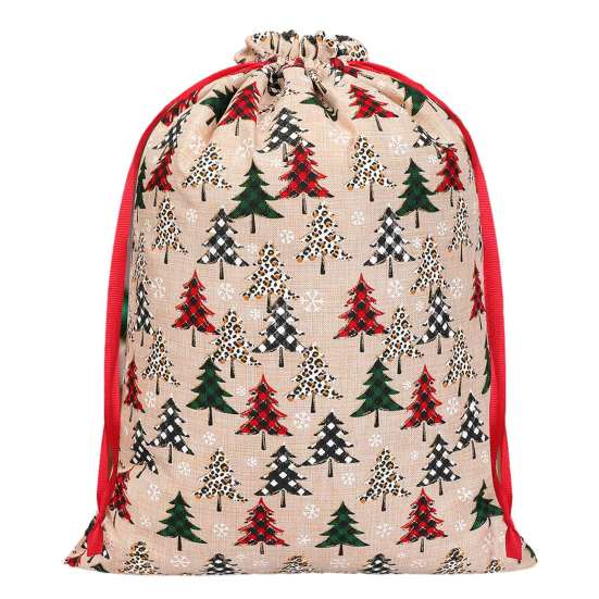 Принадлежности для упаковки подарков Мешок на завязках с принтом рождественской елки, Мешок для рождественских угощений из искусственного льна, Многоразовые праздничные мешки для хранения конфет и яблок для