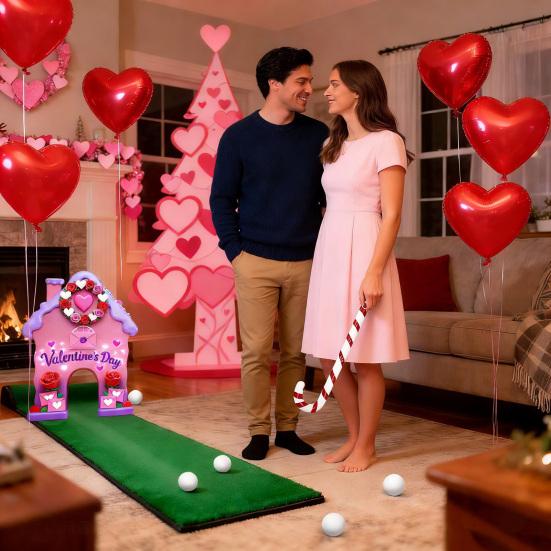 Набор для игры в гольф «Пряничный леденец» на День святого Валентина, поле для мини-гольфа с клюшкой и 6 мячами для веселья на семейной вечеринке в помещении, дома, в офисе