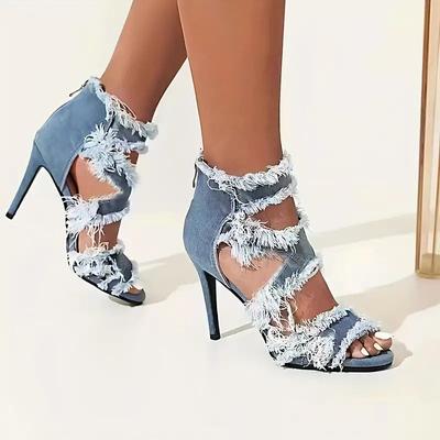 2024 весна-лето новый продукт ветер рыбий рот открытый носок джинсовая ткань грубый край молния сзади тонкий каблук высокий каблук крутые сапоги женские