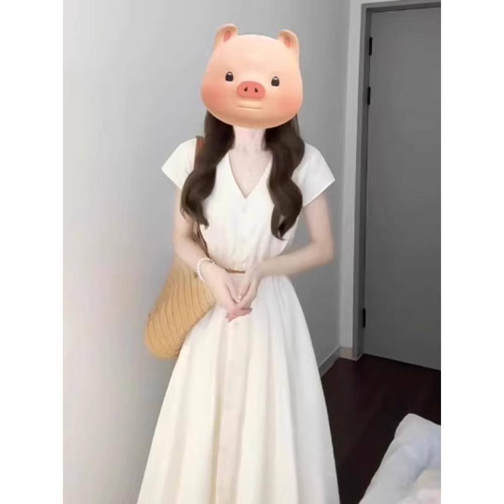 Абрикосовое платье летнее повседневное новое популярное носить с поясом рубашка V-образный вырез маленькое платье с темпераментом