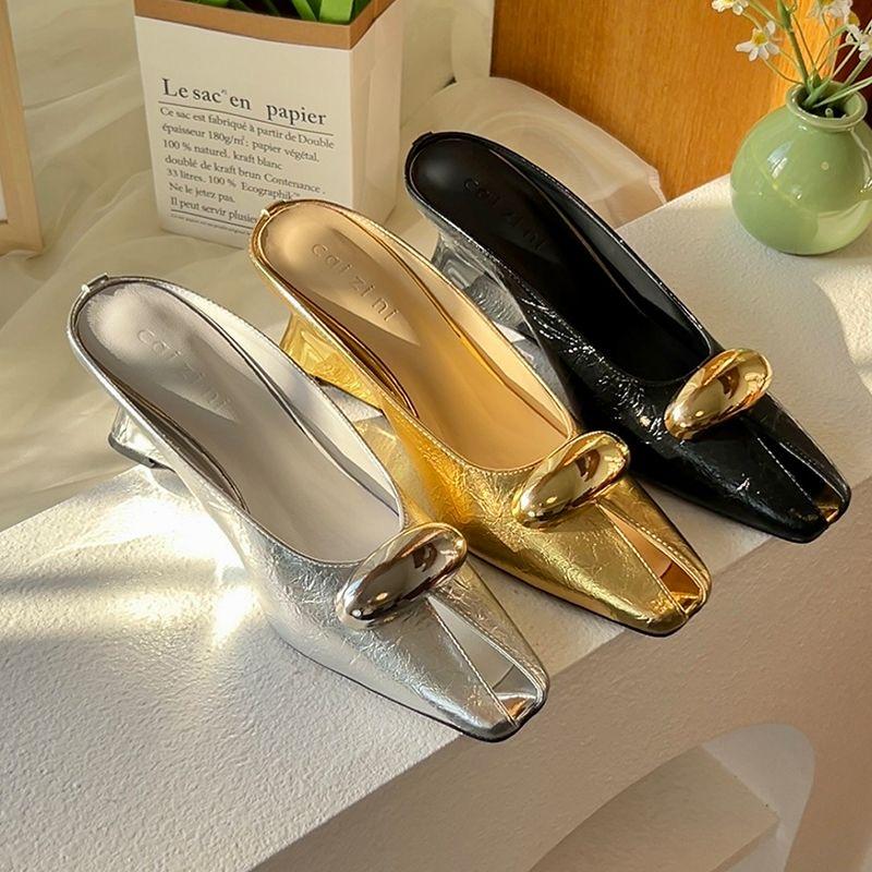 Fashion Slippers Women's Spring and Summer 2025 New French Metal Buckle Fish Mouth Square Toe Sexy Cool Drag Outside High Heels