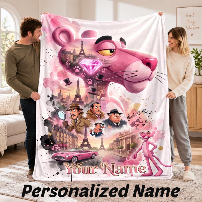 Custom Name The Pink Panther Flannel Throw Blanket Personalized Text Soft Blanket Bed Sofa Gift
