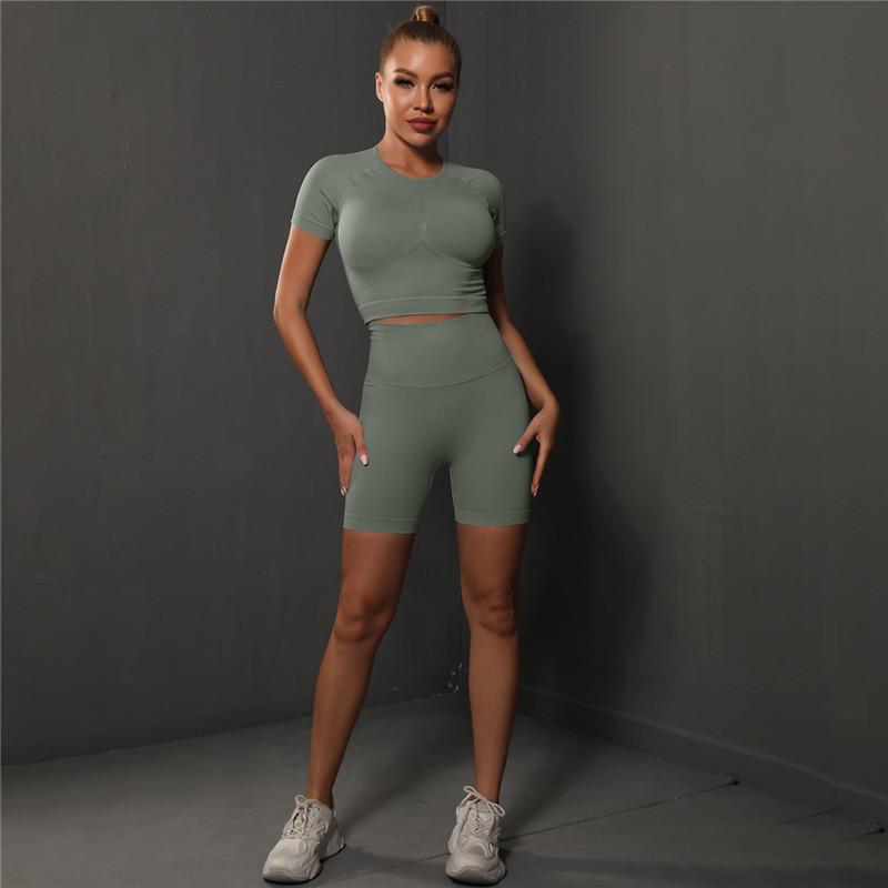 Auroth Slim Yoga Set Quick Dry Women Sportwear Gym Sports Short Sleeve High Waist Shorts Fitness Outfit