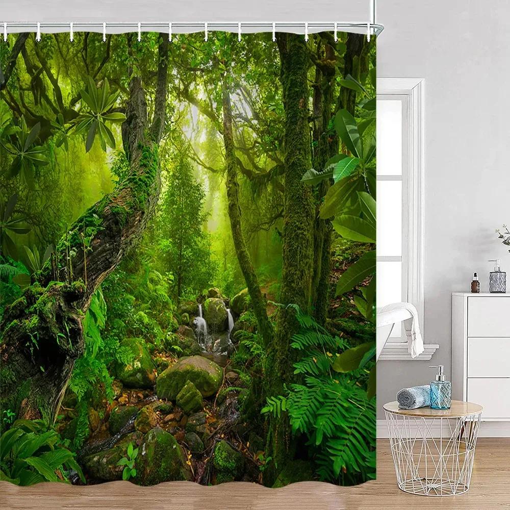 Tropical Rainforest Shower Curtains Forest Plants Rustic Nature Scenery Bath Curtain Garden Wall Hanging Bathroom Decor Hooks