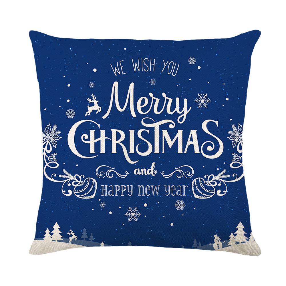 Blue Christmas Ornament Cushion Cover Printed Bear Snowflake Elk Santa Claus Tree Merry Christmas Lettering Linen Pillowcase