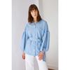 Blue Striped Belted Balloon Sleeve Long Back Woven Shirt Tctss22go0116