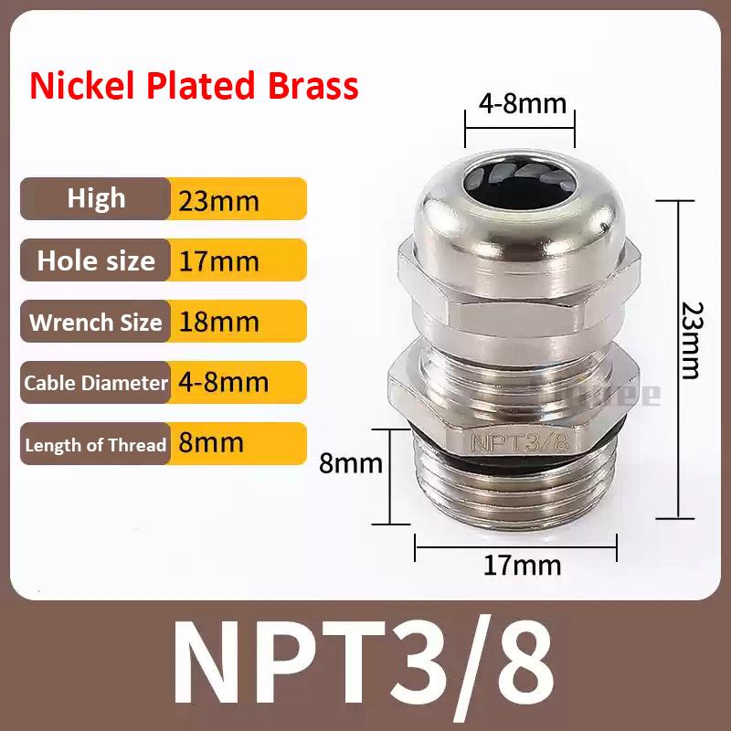 Waterproof Cable Gland IP68 Nickel Plated Brass 1/4" 3/8"1/2" 3/4" 1" 2" 3" BSPP/NPT Male Thraed For 3-6.5mm 4-8mm Cable Joint