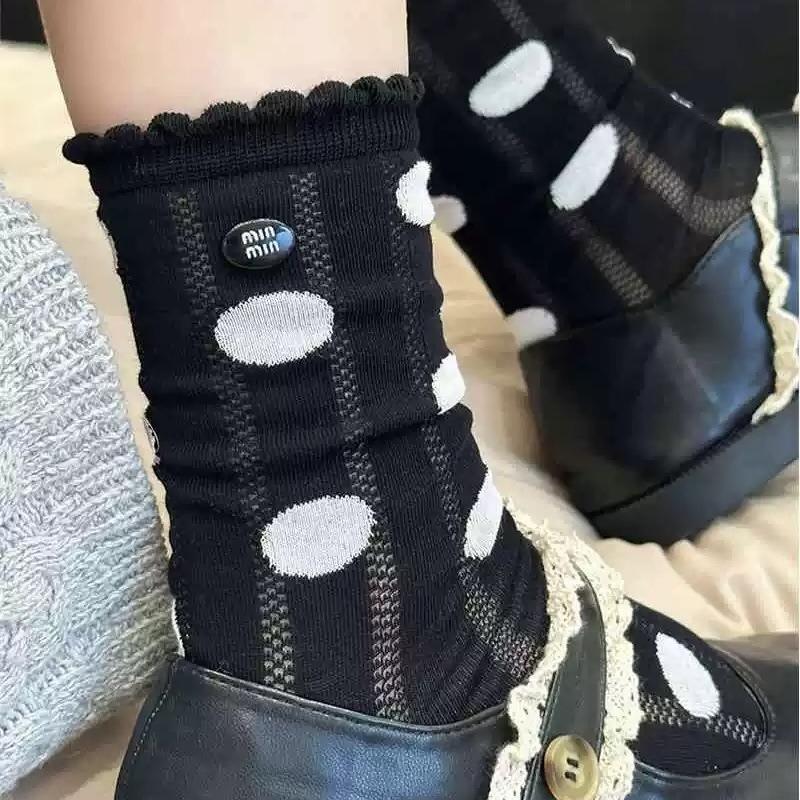 Female Summer Mesh Breathable Wave Point No Bone Hollow Button In The Tube Cotton Socks