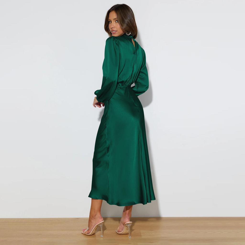 Женское весеннее вечернее платье с длинным рукавом-фонариком, элегантное длинное платье трапециевидной формы с бретелькой на шее и высокой талией, сплошной цвет