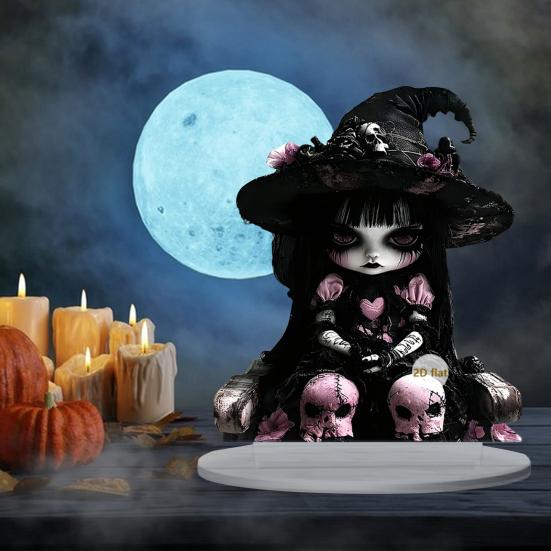Halloween Ghost Witch Table Sign with Base 2D Flat Acrylic Spooky Female Ghost Decoration Holiday Party Home Office Desktop Ornament