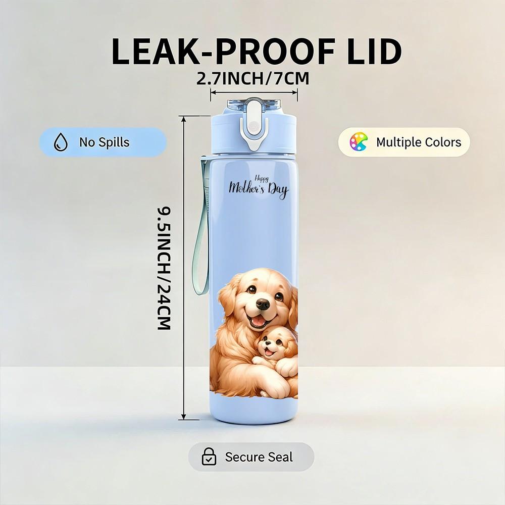 1PC Fluffy Puppy Dog Watercolor Print 750ml Color Plastic Sports Water Bottle Leakproof Flip Straw Lid Suitable for Sports Office Home Use