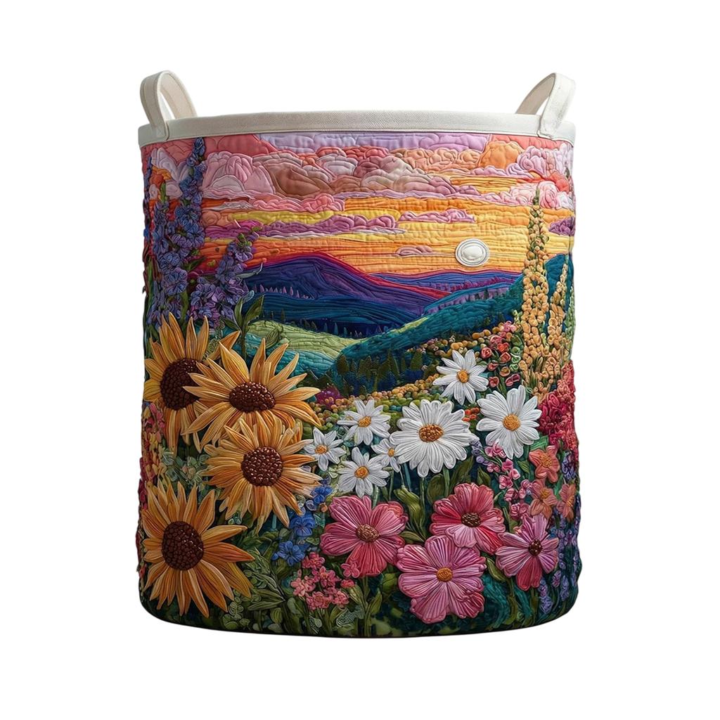 Boho Quilted Laundry Baskets, Fabric Floral Storage Hamper with Handle, Vintage Clothes Storage Basket for Nursery Laundry Room