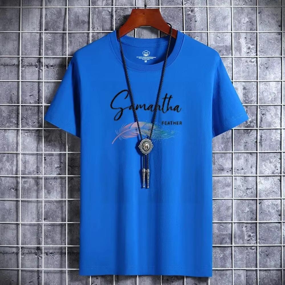 Men's 100% Pure Cotton Summer Loose and Comfortable Casual Shopping Fashion Print Large Round Neck Short Sleeved T-shirt Top