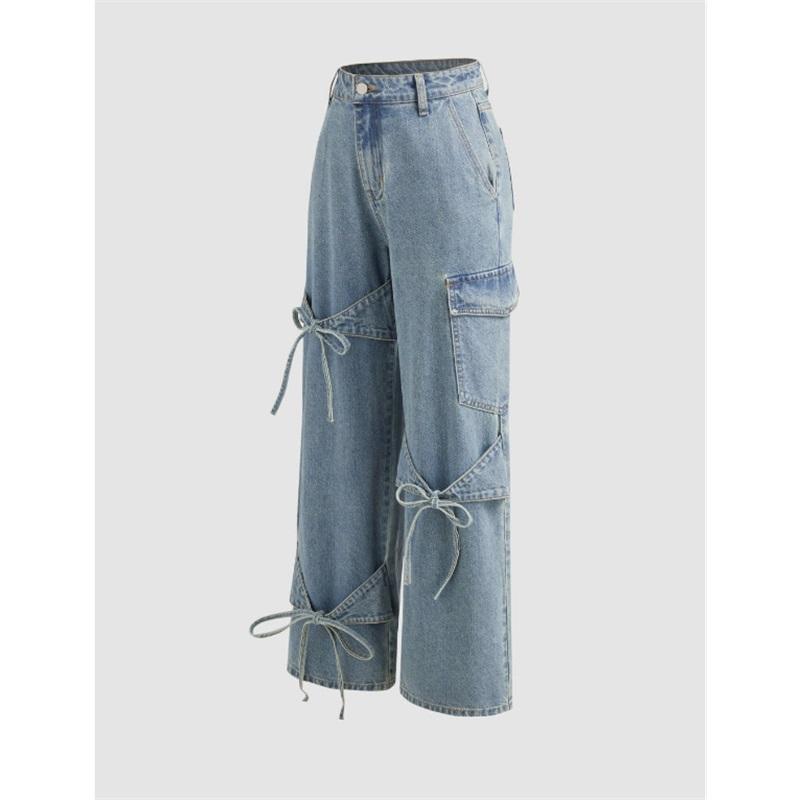 Джинсы American Hot Girl Collage Bow Jeans, женские прямые брюки свободного кроя.