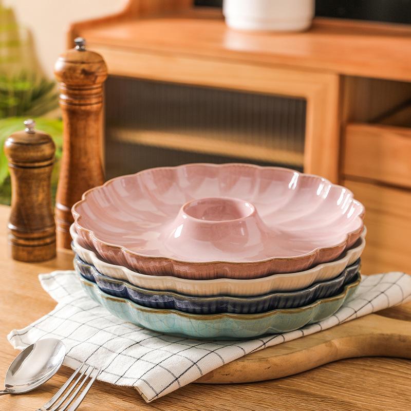 Тарелка для пельменей в форме цветка, керамическая тарелка для закусок с емкостью для макания, диск для фруктового салата, японская столовая посуда