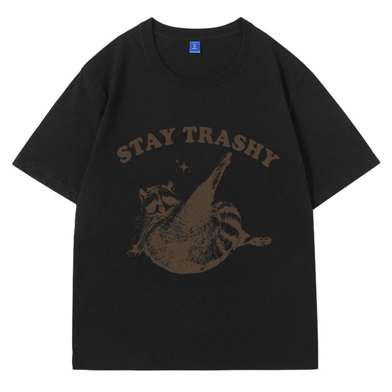 Vintage 9Os Funny Racoon T Shirt Y2k Clothes Boho Aesthetic Cute Stay Trashy T-shirt Funny Meme Oversized Cotton Short Sleeve