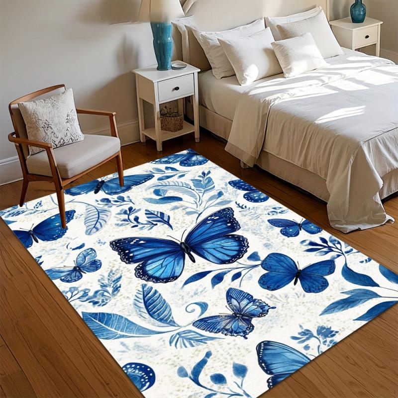 Starry Night Oil Painting Butterfly Area Rug Swirl Sky Wild Insect Floral Print Non Slip Carpet Romantic Art Style Home Decor