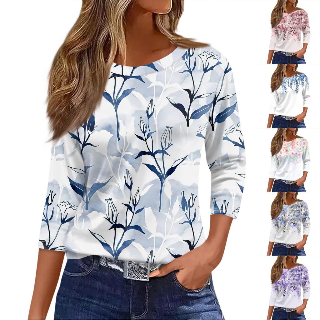 Women's Casual And Fashionable Floral Print Round Neck Top With Seven Quarter Sleeves And Loose Fit Top