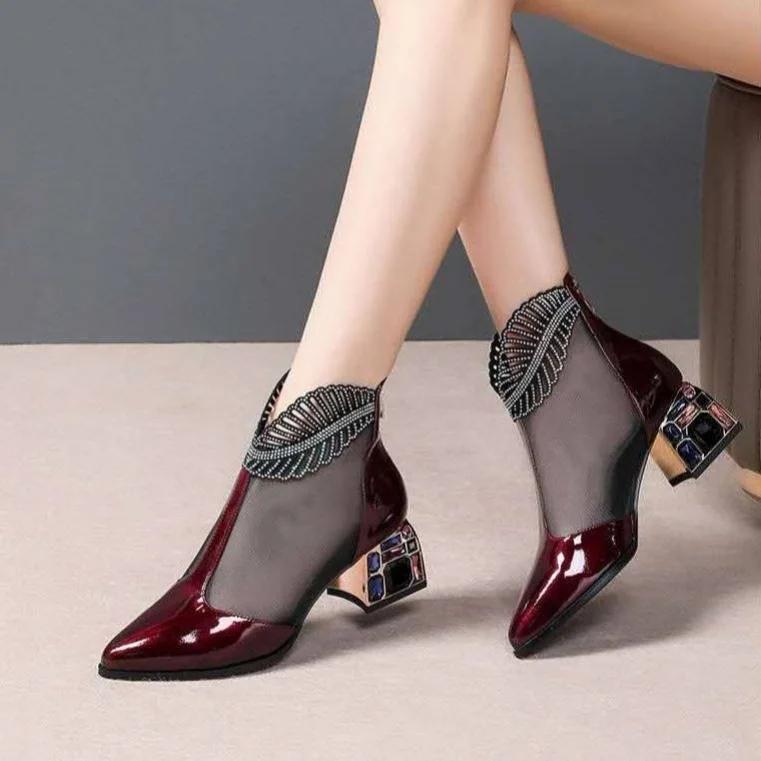 Fashion New Boots Women's Middle Heel Hollow Thick Heeled Point Net Yarn Rhinestone Sandals Women's Patent Leather Oversized Net Boots