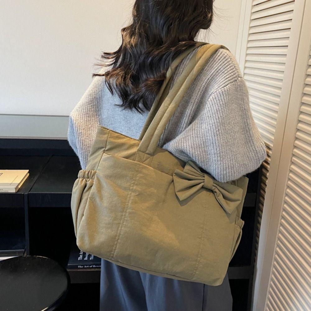 Korean Style Cotton Padded Shoulder Bag Solid Color Nylon Handbag Temperament Bow Tote Bag Daily