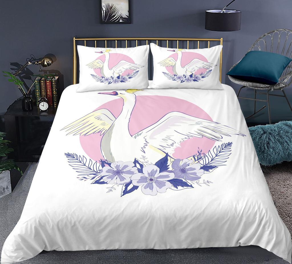 Swan Duvet Cover Set Rose Crown Comforter Cover Polyester Bedding Set Sweet Girl Romantic Quilt Cover Pink Red King Twin Size