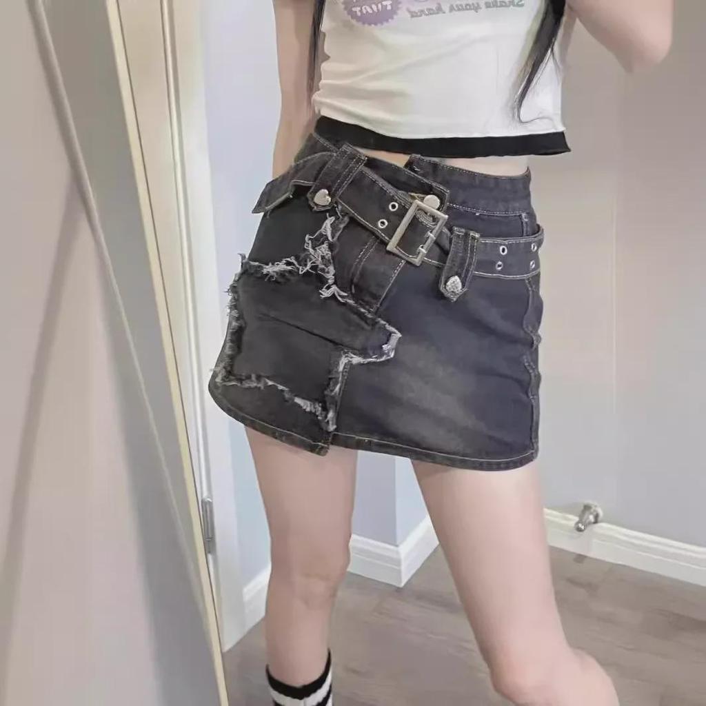 Y2K Hot Girl Black Denim Skort: Anti-Exposure Subculture Style with Irregular Hem
