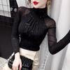 Black Women Half Turtleneck Long Sleeve Pullovers Net Yarn Patchwork See Through Slim Tops