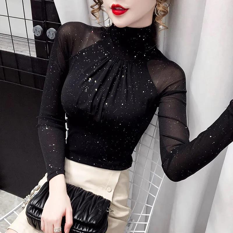 Black Women Half Turtleneck Long Sleeve Pullovers Net Yarn Patchwork See Through Slim Tops