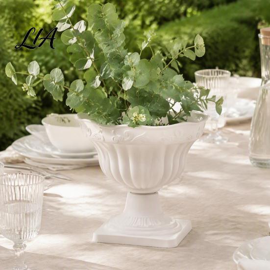 Decorative Porch Planter White Urn Pot, Tall Vintage Roman Column Flowerpot, Plastic Plant Container for Indoor Outdoor Garden Front Balcony