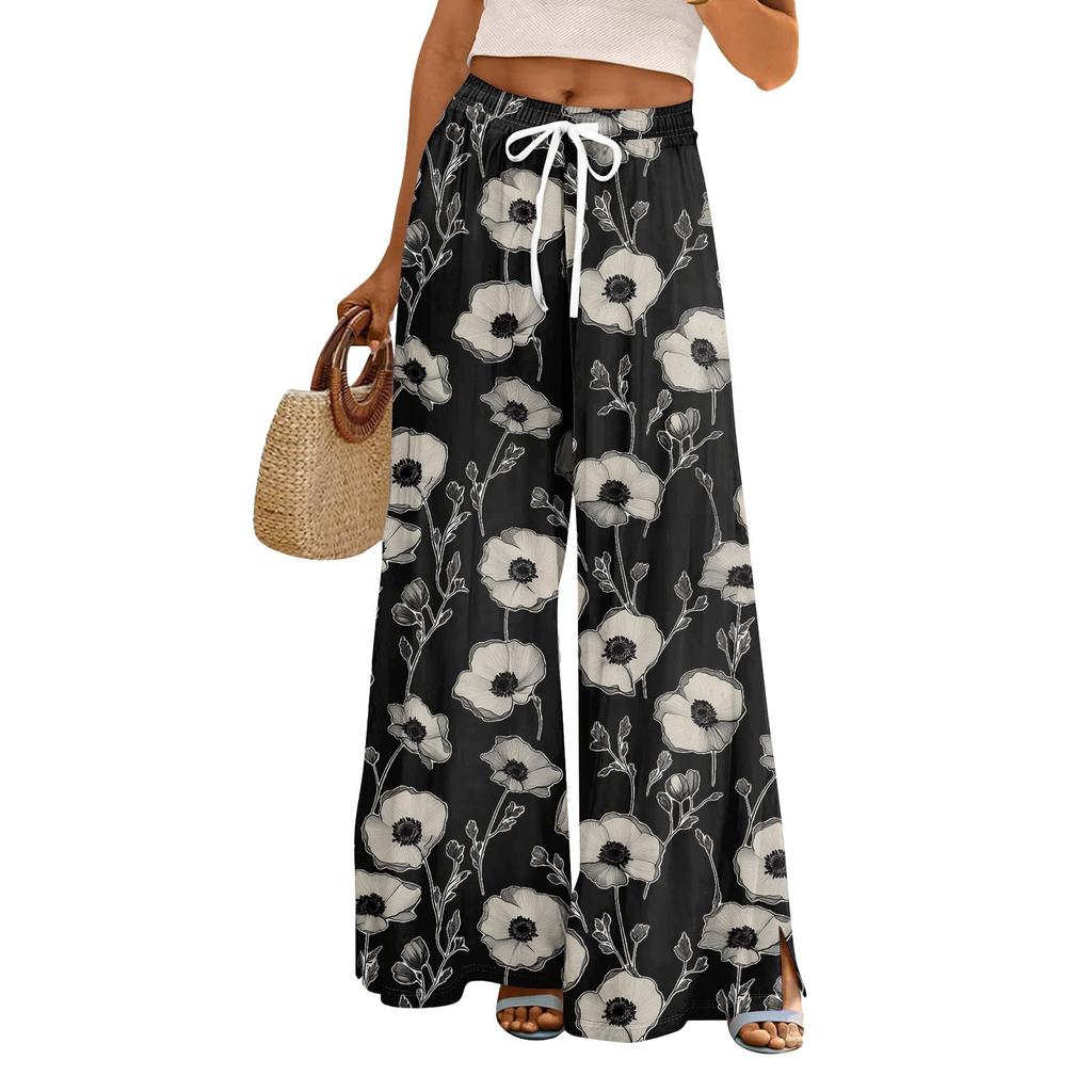 Women's Loose Casual Floral Print Wide Leg Pants With Elastic Waist Drawstring And Pocket Pants