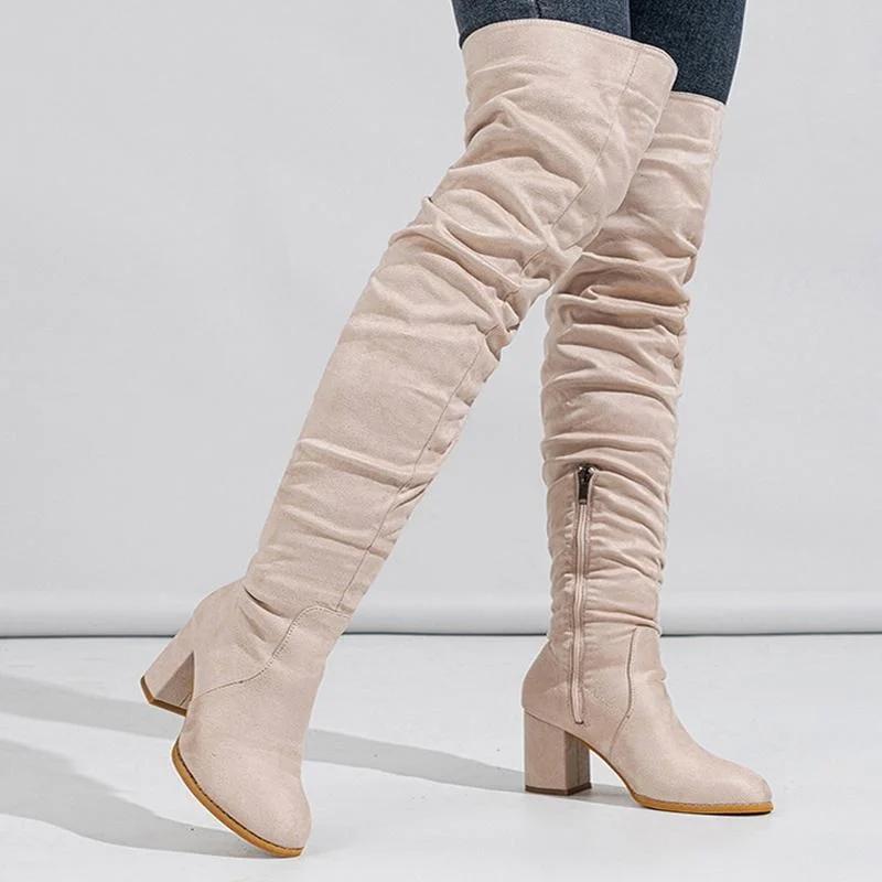 Women Flocks High Thick Heel Long Boots Lady Over The Knee Side Zipper Winter Boots Female Ruffle Office Fashion Boots