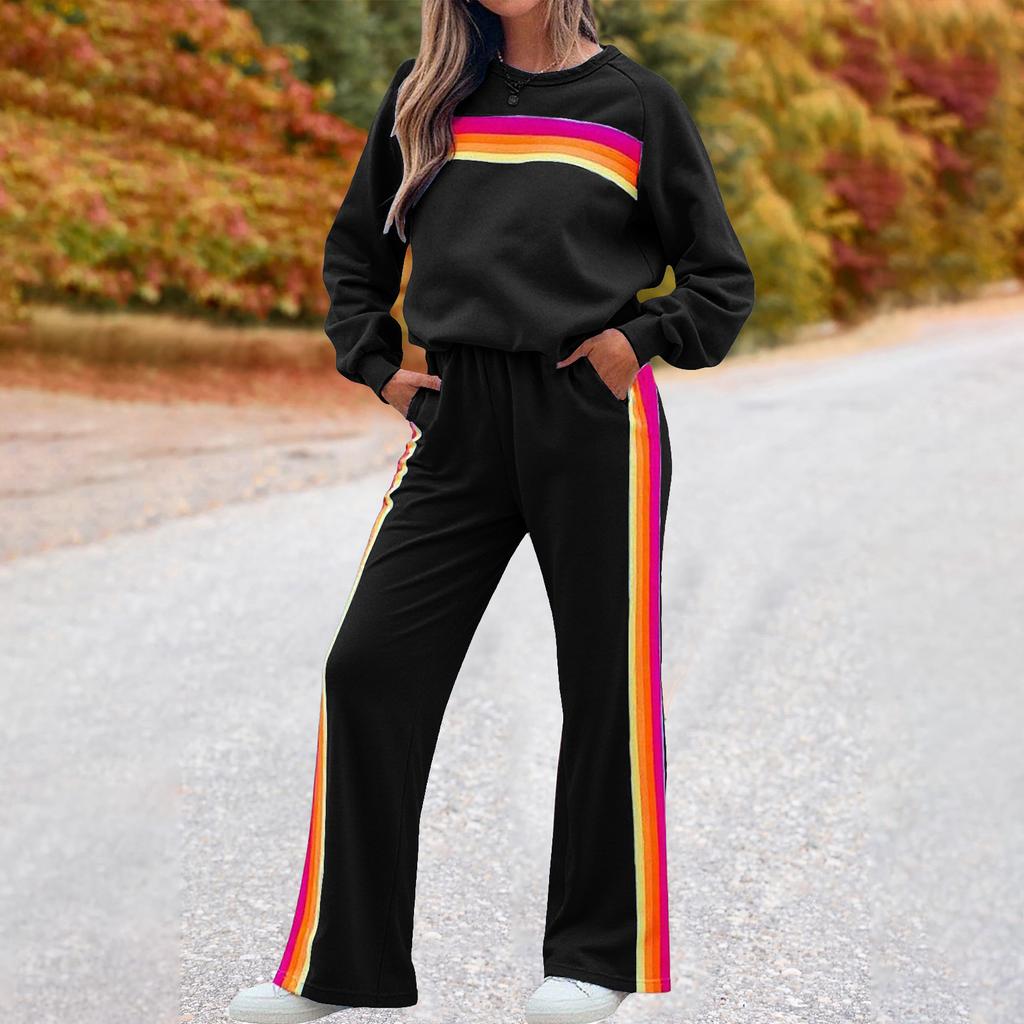 Модный женский комплект спортивных штанов с круглым вырезом, свободного кроя, в цветную полоску, с эластичной талией