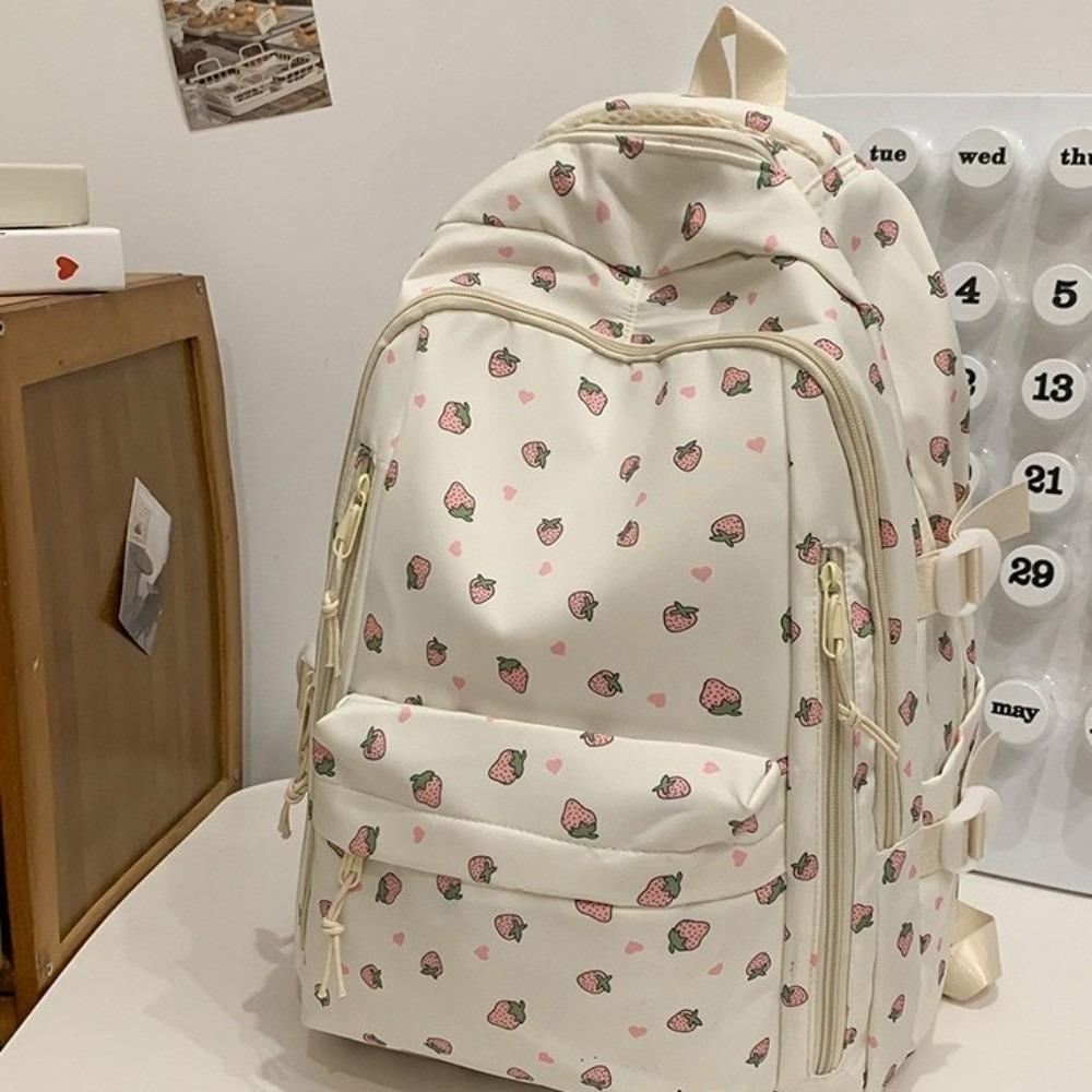 Large Capacity Bow Pattern School Bag Multi-compartment Rucksack Floral Print Backpack Travel